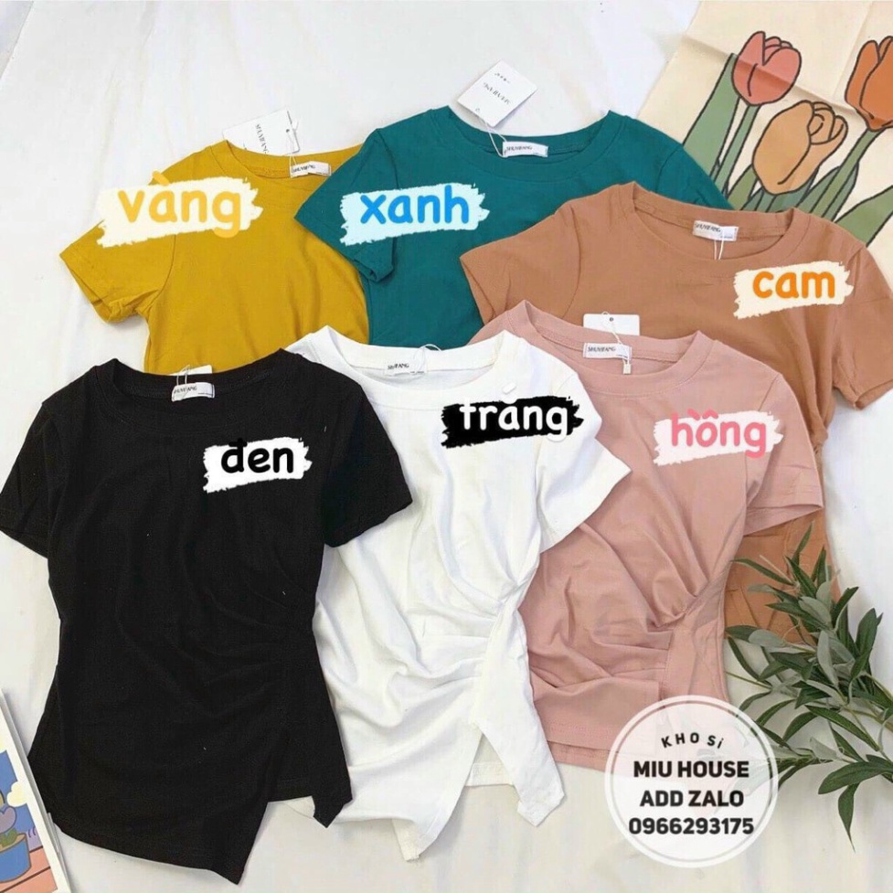 áo thun nữ vạt chéo rúm xẻ sườn cộc tay cổ tròn hàng đẹp