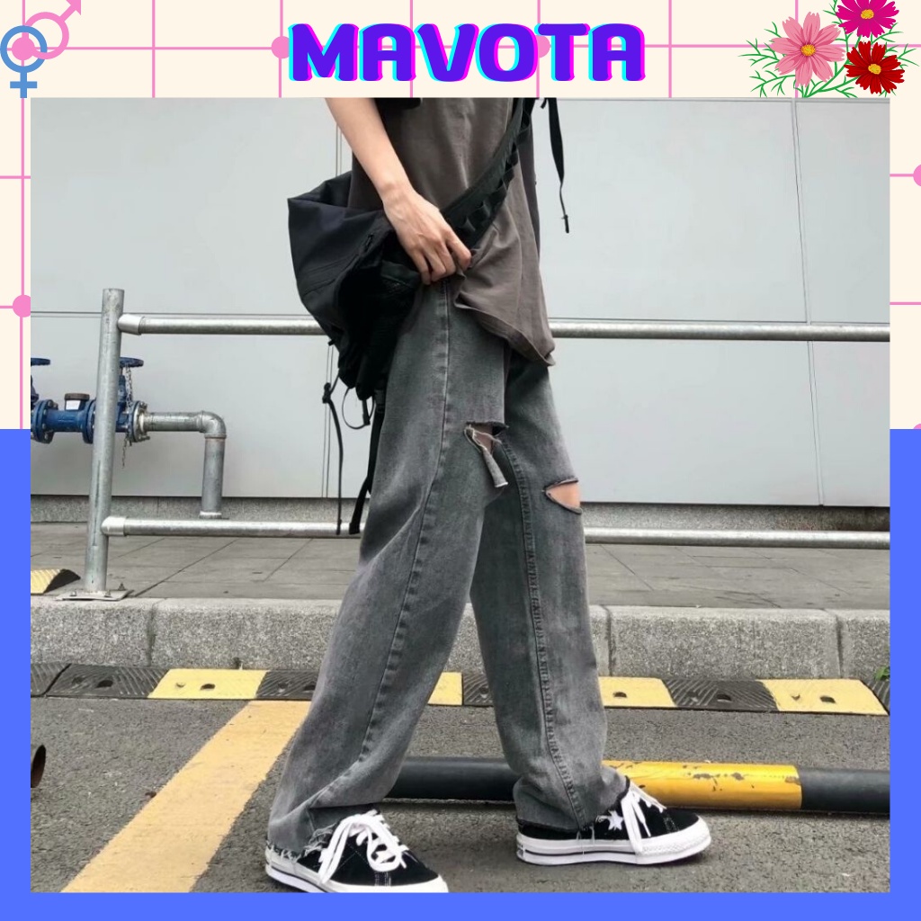 Quần jean ống rộng nam nữ unisex Mavota quần bò ống suông rách gối QJSR002 | BigBuy360 - bigbuy360.vn