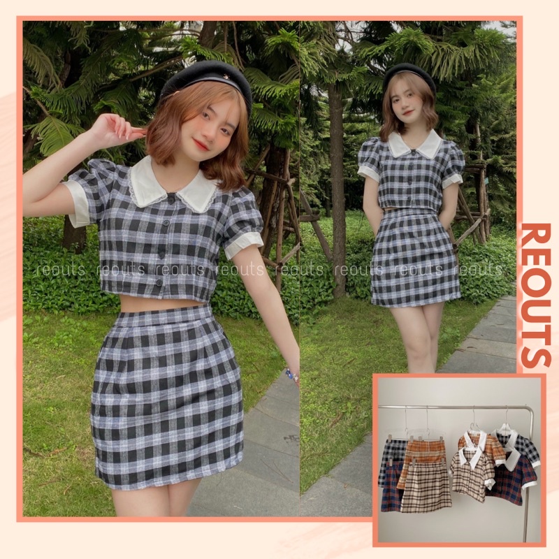 Set váy áo croptop cổ phối ren Thời trang nữ Reouts