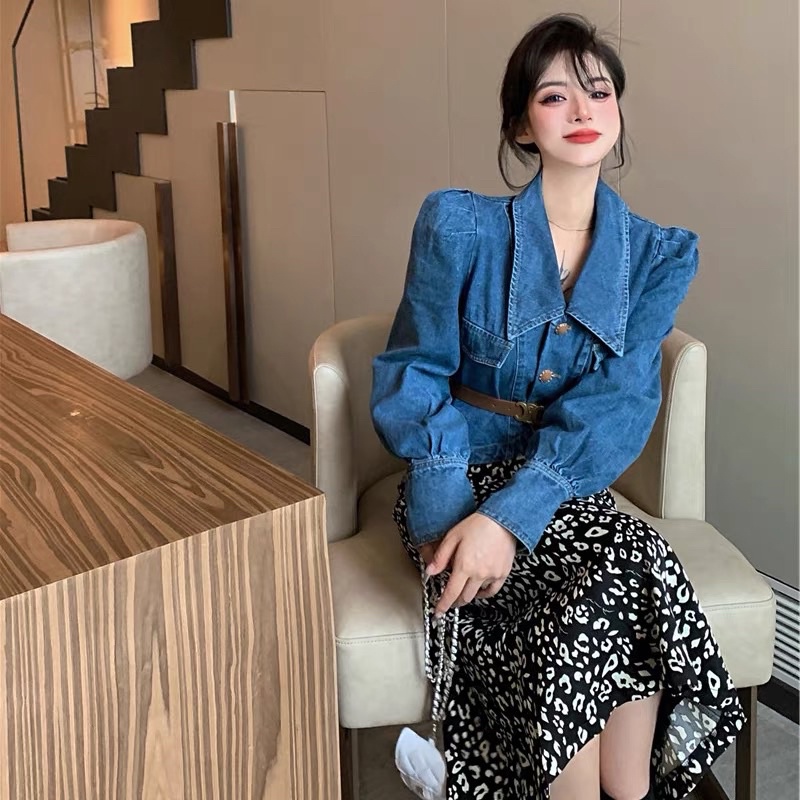 Set áo sơmi jeans croptop tay phồng+ chân váy hoa đen dài kèm feedback thật