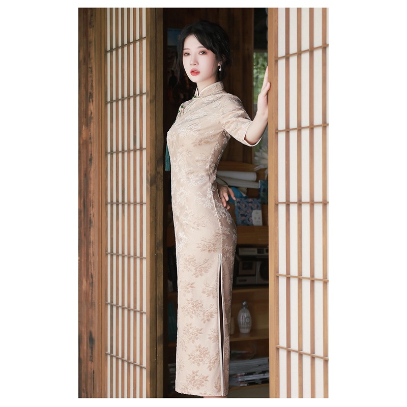 Sườn Xám Cách Tân Dáng Ôm Tay Dài In Họa Tiết Hoa Phong Cách Cổ Điển Thời Trang Cho Nữ Size S - XXL