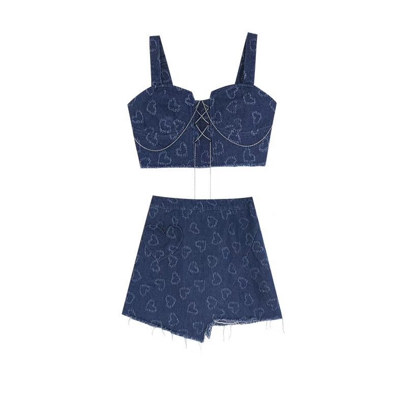 Set Ulzzang crop chân váy hoạ tiết trái tim