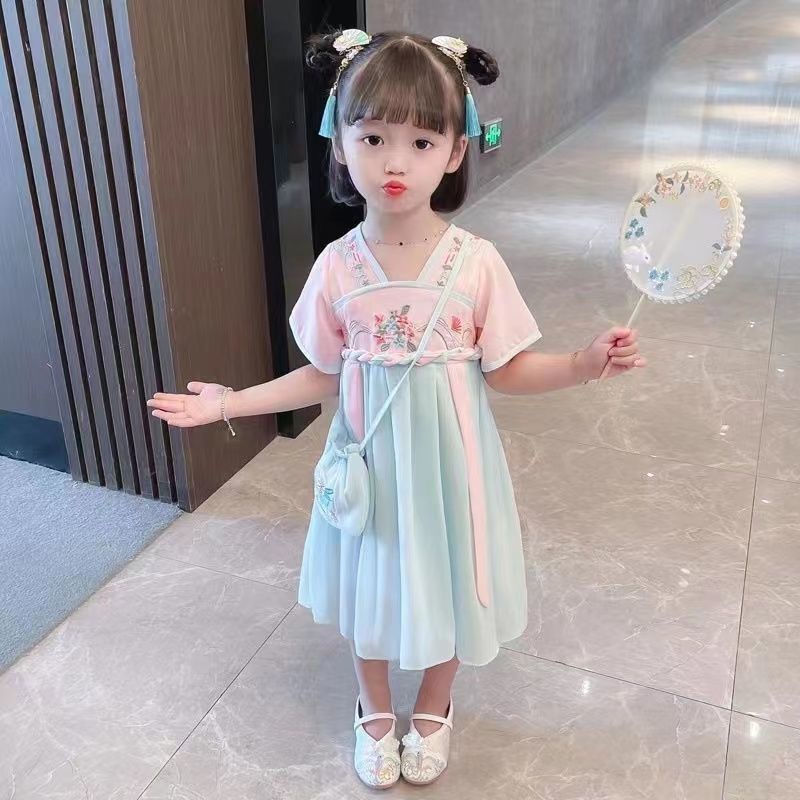 Spot Girls Váy Hanfu cho trẻ em Mùa hè mỏng tay ngắn Tang Phù hợp với phong cách Trung Quốc Siêu cổ tích Váy cổ yếm Cô gái nhỏ Váy voan công chúa 90-150 Yards