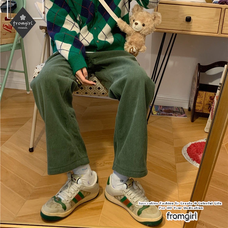 Quần Dài Ống Rộng Màu Xanh Lá Phong Cách Retro Thời Trang Xuân Hè Dành Cho Nữ Sinh