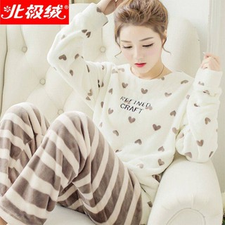 Bộ đồ ngủ Flannel lông cừu Bắc Cực dành cho nữ Thu Đông Lớp lót lông cừu dễ thương Thu Đông Áo thun dài tay ấm áp Bộ đồ chờ [MarriageLab]