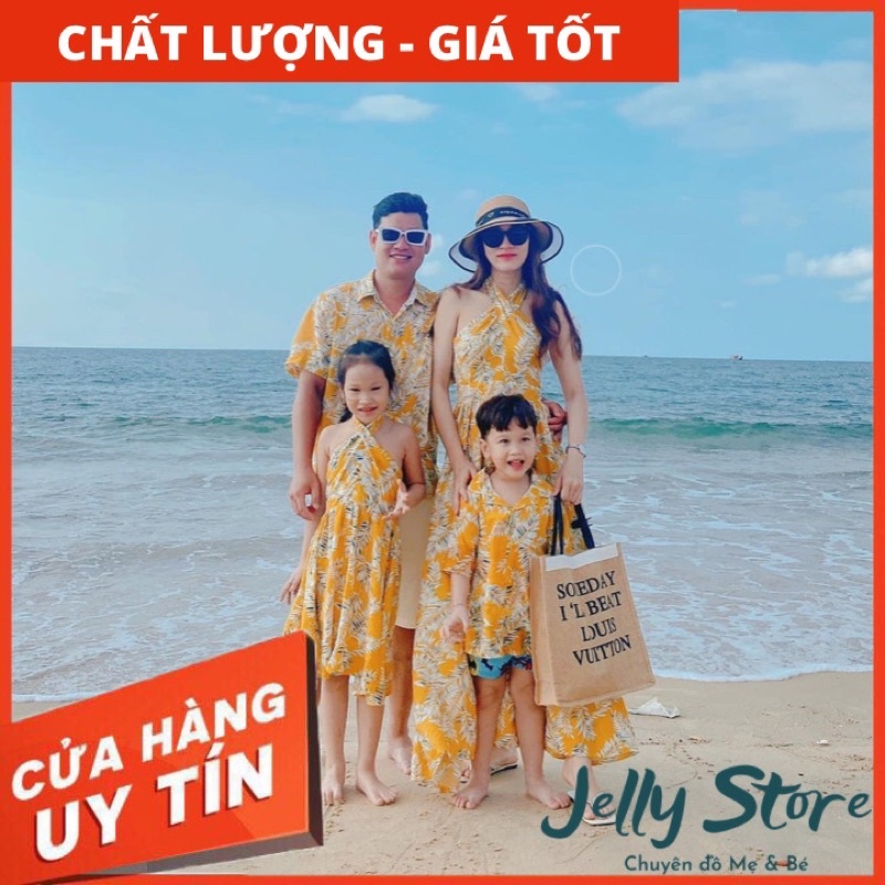 Set đồ đôi Gia Đình đũi tơ maxi lá vàng, kèm ảnh thật
