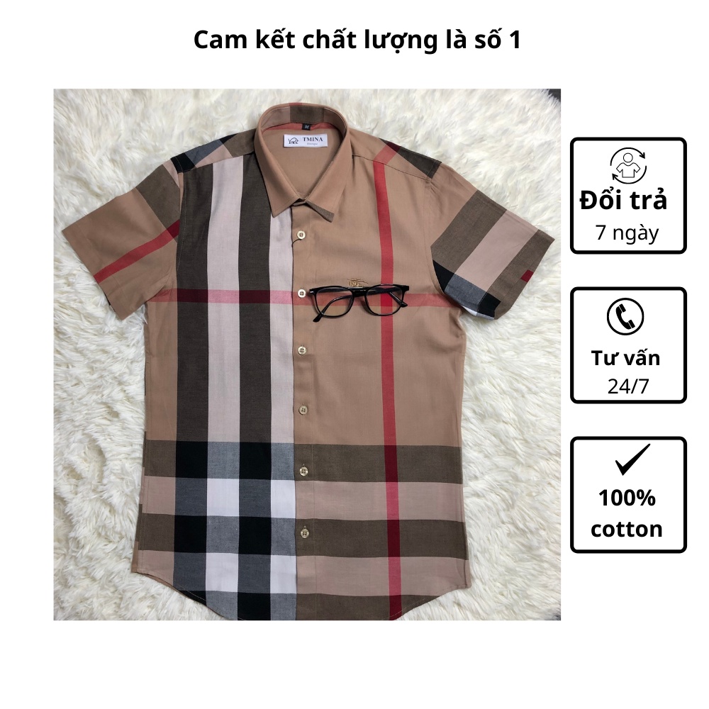 Áo sơ mi kẻ burberry nam tay ngắn vải cotton , bbr cộc tay kẻ to thoáng mầu đen SMC01