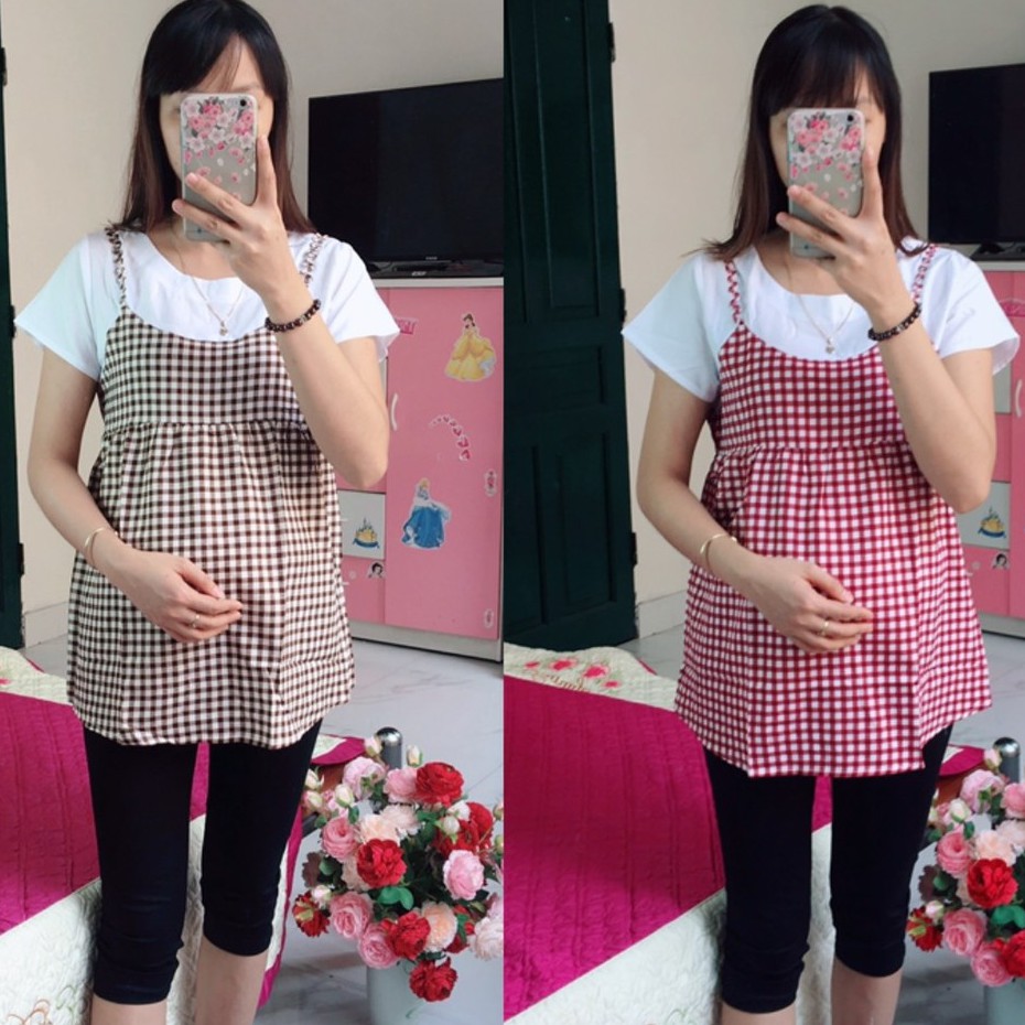 Áo Bầu công sở Cộc Tay, dáng baby doll giả yếm, chất mềm mịn thoáng mát cho Mùa Hè