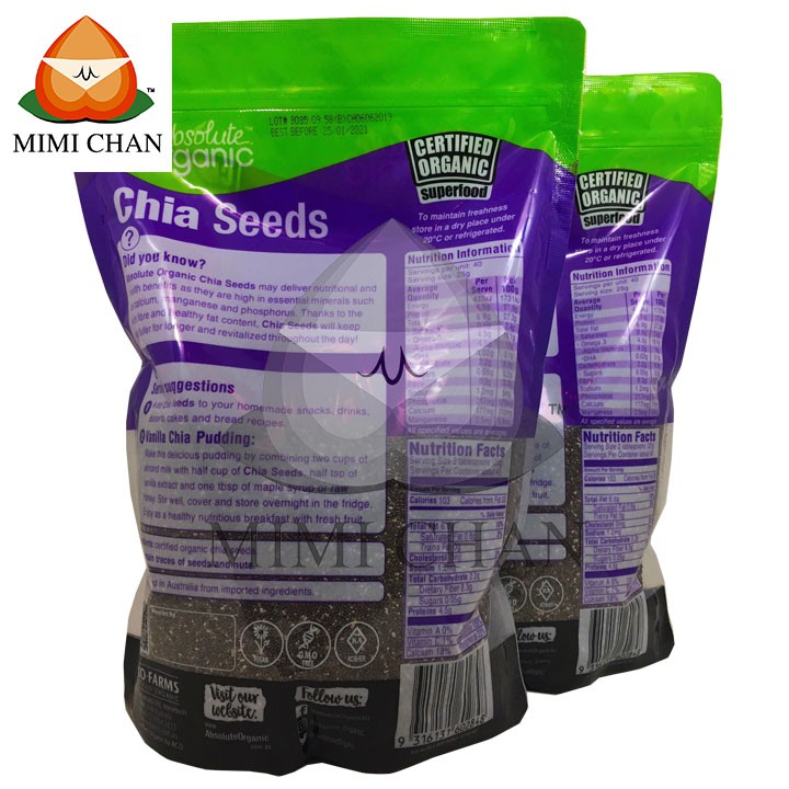 Hạt Chia Tím Úc Absolute Organic Gói 1Kg, Không Sạn Cao Cấp, Tăng Sức Đề Kháng