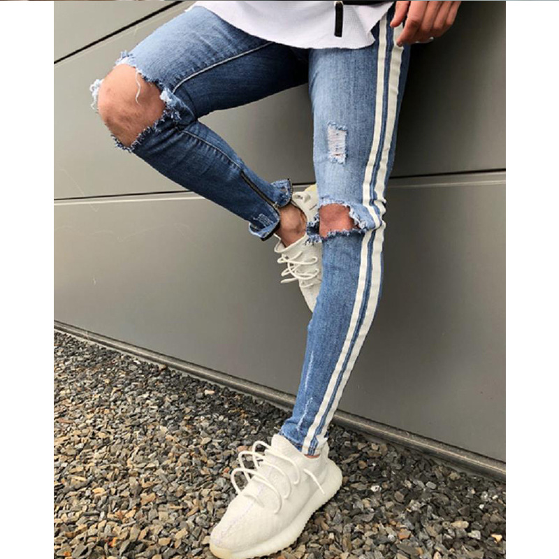 Men Street Knee Hole Stretch Skinny Jeans for Men Plus Size Slim Fit Pencil Jeans Leg Zipper Side Stripe Ripped Jeans Jogger Denim Pants