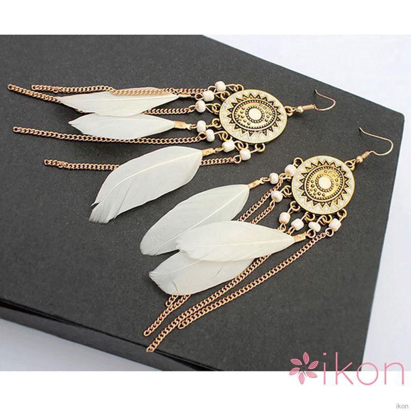 Women Vintage Ethnic Style Fringed Feather Tassel Earrings Bohemian Jewelry