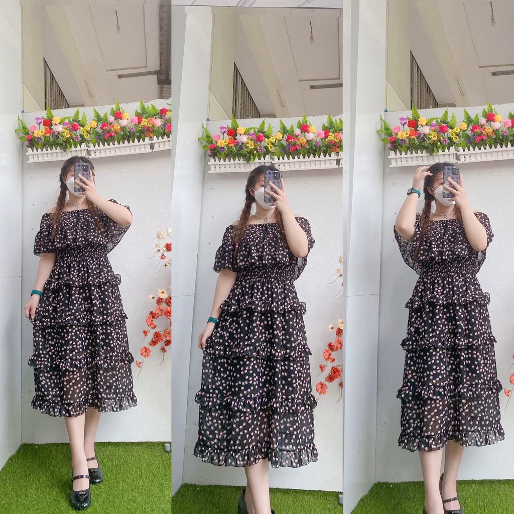 Đầm voan maxi trễ vai Bigsize 50-70kg. Hình thật Bụ Bẫm shop