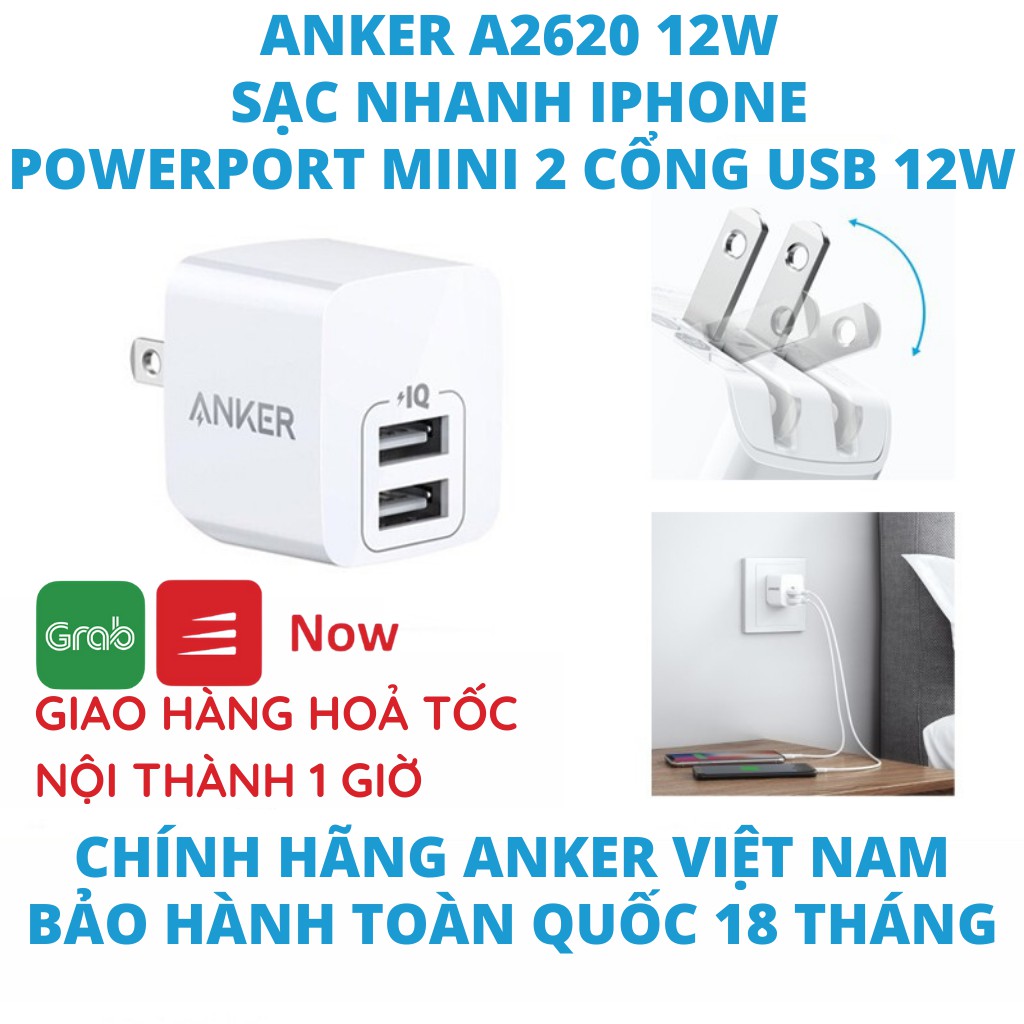 Củ sạc Anker A2620 sạc nhanh IPhone IPad Android PowerPort Mini 2 cổng Usb 12w FullBox cho IP 8 X Xs 11 Pro Max