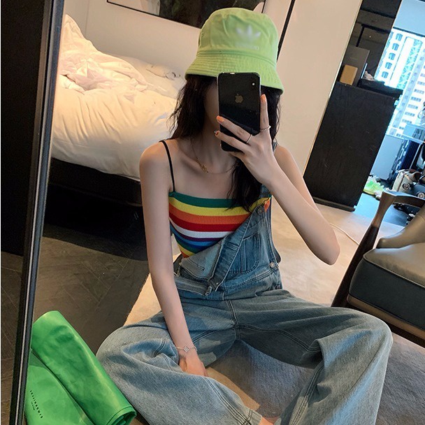 Jiashucheng Áo Không Tay Kẻ Sọc Cầu Vồng Màu Sắc Tương Phản Phong Cách Mới Mùa Hè Cho Nữ