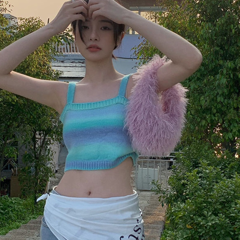 Áo Croptop Dệt Kim Không Tay Dáng Ôm Họa Tiết Kẻ Sọc Nhiều Màu Sắc Dành Cho Nữ