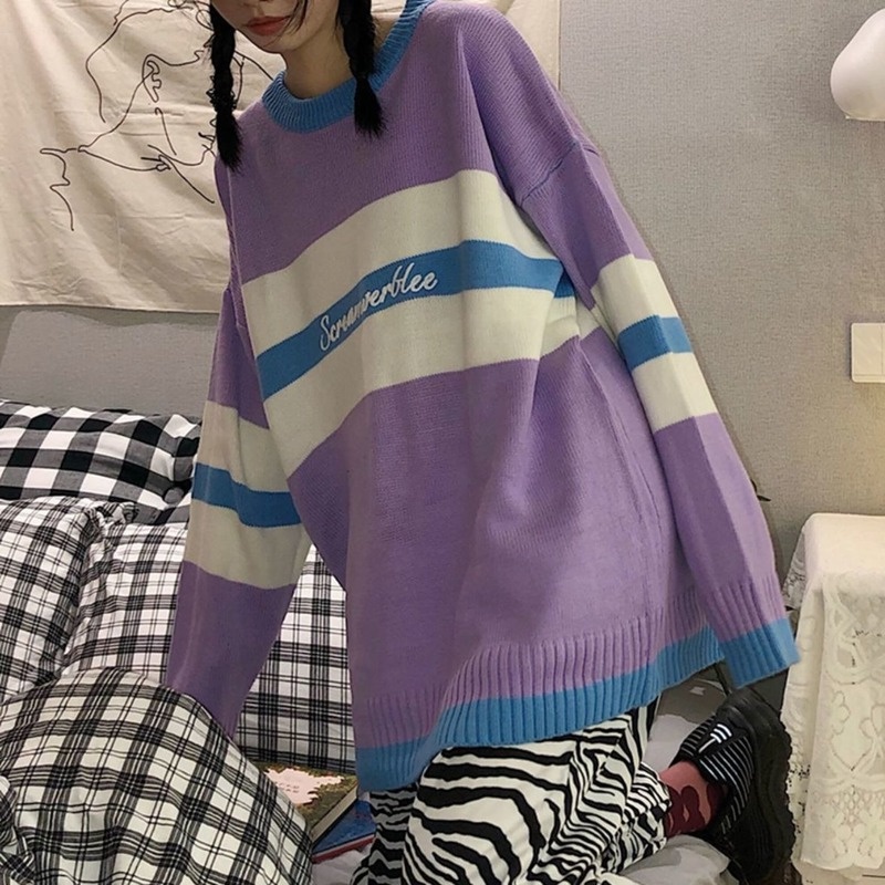Áo sweater dệt kim mặc chui đầu cổ tròn dáng rộng phối màu kiểu Hàn Quốc thời trang thu đông