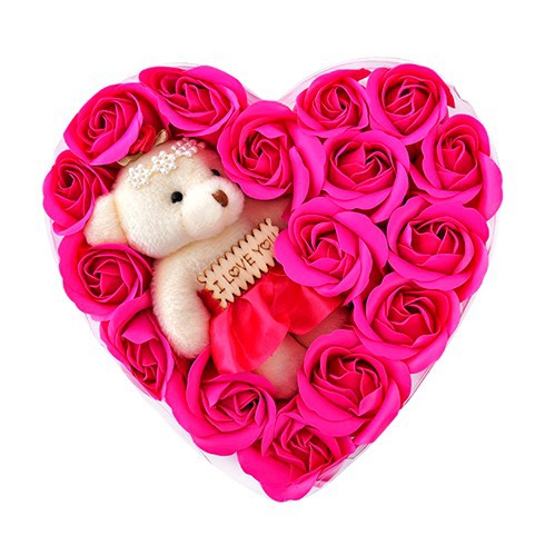 Hộp quà tặng trái tim hoa hồng sáp cao cấp kèm gấu bông xinh xắn