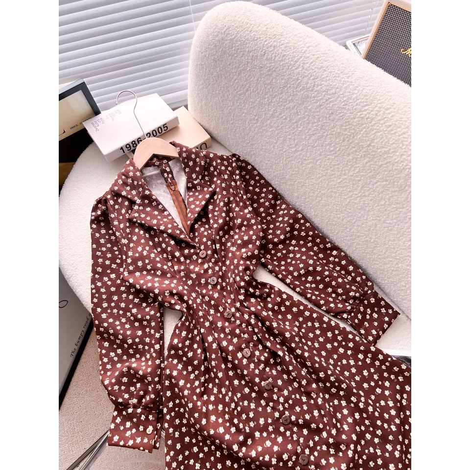 Đầm midi hoa nhí nâu tây vintage tay phồng dài NÀNG CLOSET