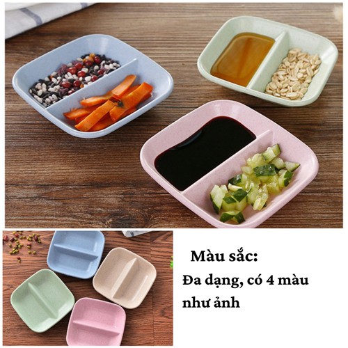 Đĩa gia vị  Đĩa chấm đựng gia vị nước chấm 2 ngăn giá rẻ lúa mạch an toàn cho sức khỏe (giao màu ngẫu nhiên)