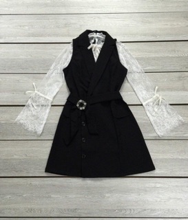 Set đầm vest thắt eo + áo ren
