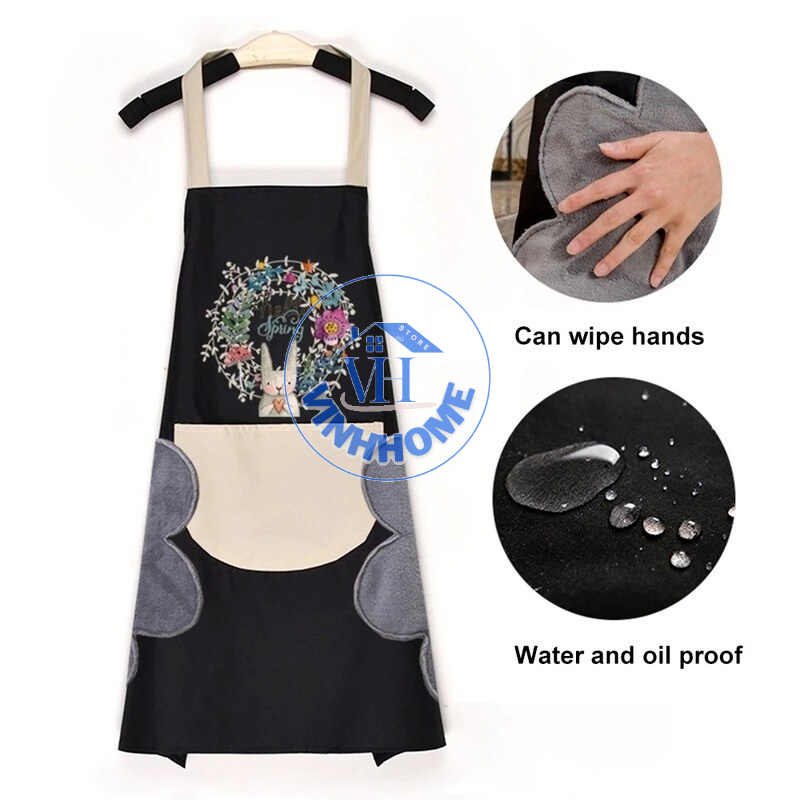 Tạp dề chống thấm nước có lau tay họa tiết thỏ xinh kèm túi to tiện lợi vinhhome.store