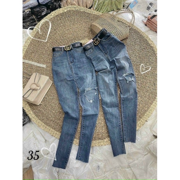 Quần jeans dài lưng siêu cao co giản ôm body rách mã 35