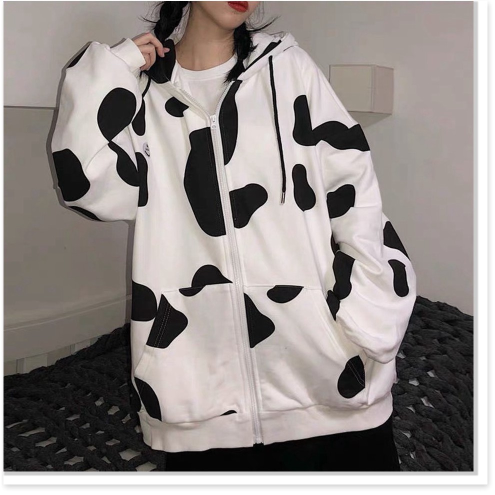 ÁO KHOÁC HOODIE BÒ SỮA SIÊU CUTE CO DÂY KÉO CÓ NÓN FO,M RỘNG B.BY