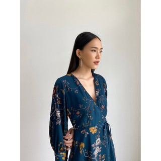 Đầm Hoa Xanh Thắt Nơ Eo EDINI - D1365