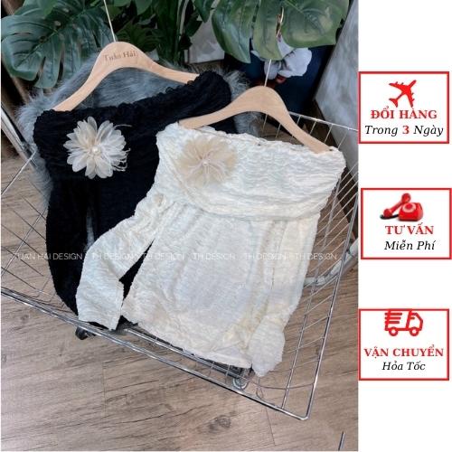 Áo trễ vai nữ xốp nhăn đính hoa tiểu thư bánh bèo cao cấp ulzzang Hàn Quốc
