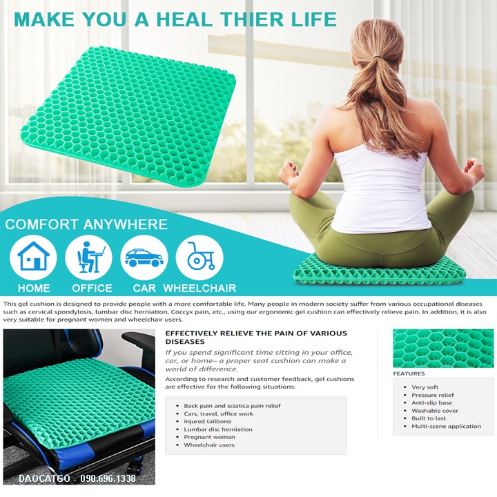 Đệm ngồi SILICON 3D thoáng khí Phiên Bản Nhật - Đệm cao su lót ghế ngồi không mỏi lưng chống đau cột sống