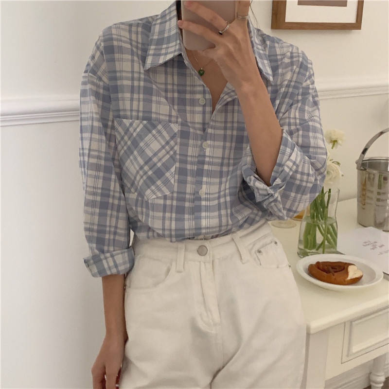 Áo sơ mi Peppermint 49300 họa tiết caro tay dài xinh xắn dễ phối đồ