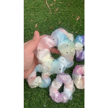 Dây buộc tóc, cột tóc scrunchies càu vòng 2 lớp siu to size 13cm lụa hàn quốc phối lưới