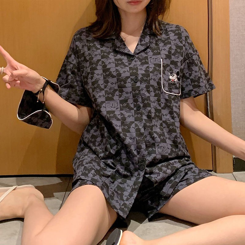 Bộ Đồ Ngủ Pijama Ngắn Tay Họa Tiết Hoạt Hình Phong Cách Hàn Quốc Cho Nữ