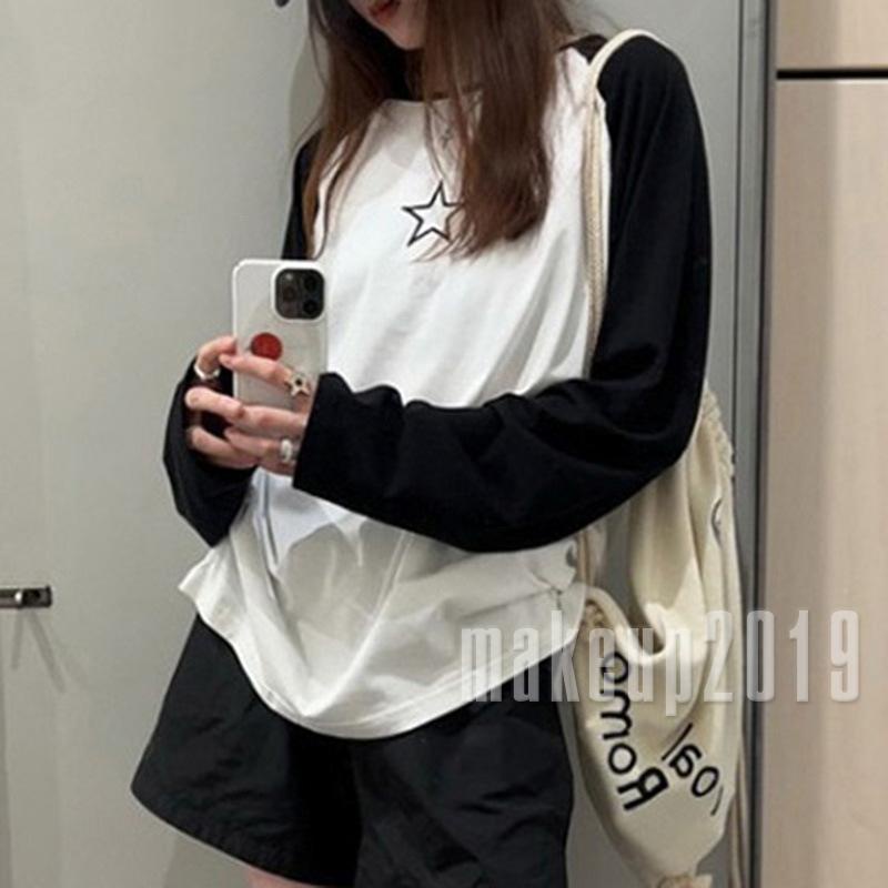 Áo Thun Tay Dài Cổ Tròn In Họa Tiết Ngôi Sao Màu Sắc Tương Phản Thời Trang Cho Nữ Mu-Y2K