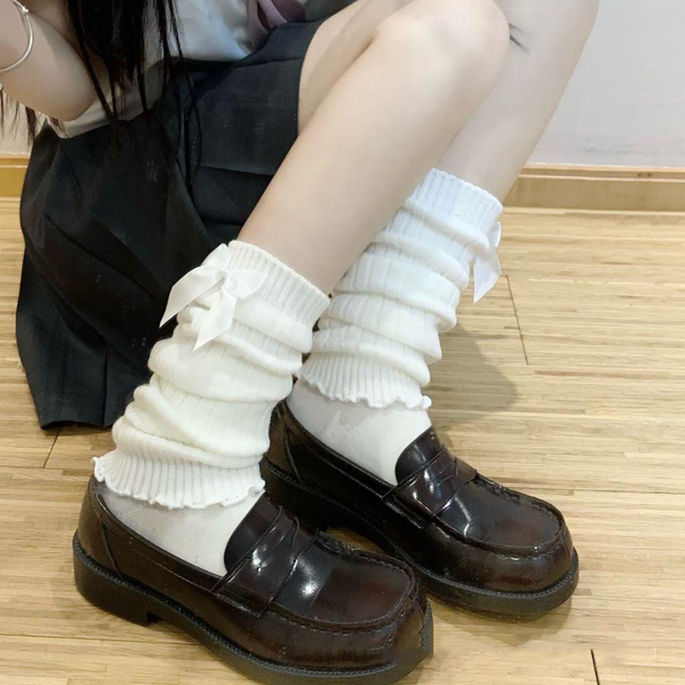 EXPEN Vỏ Bọc Chân Dệt Kim Phối Nơ Màu Trơn Giữ Ấm Mùa Thu Đông Cho Nữ