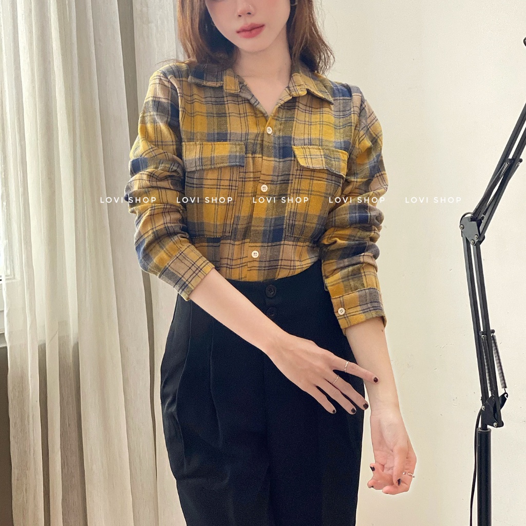 LOVI SHOP- Áo sơ mi kẻ ô caro tay dài 2 túi nắp