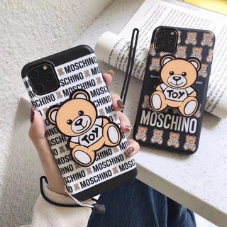 iphone 11 pro max Xr Xs max X Cute Cartoon Bear Soft Ốp lưng điện thoại có giá đỡ và dây đeo