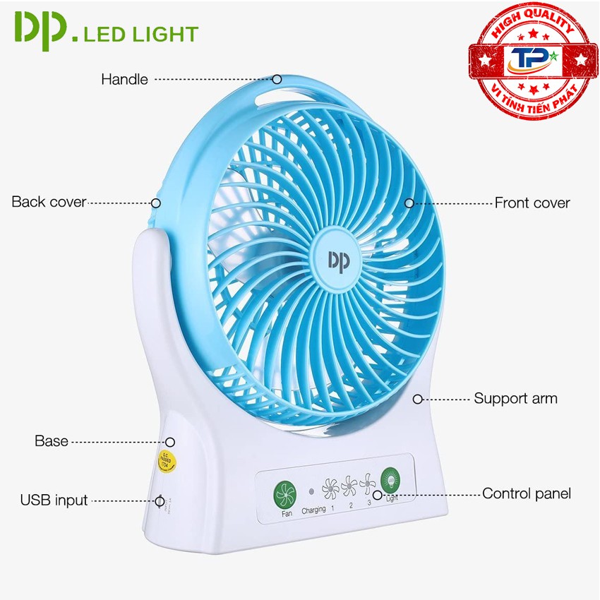 Quạt sạc tích điện DP DP-7605 / DP-1425C tích hợp đèn LED chiếu sáng - loại quạt lớn gió rất mạnh (xanh)