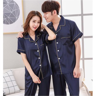 Đồ Ngủ Pijama Đôi Nam Nữ Lụa cao cấp mầu xanh tay lỡ ( có clip )
