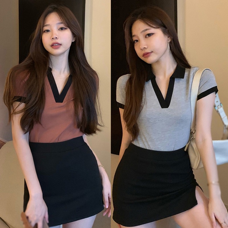 Áo Thun Polo Tay Ngắn Cổ Chữ V Màu Sắc Tương Phản Dành Cho Nữ Size S-XL