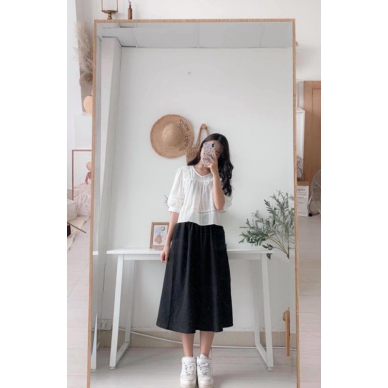 Chân váy đũi xoè dáng dài ulzzang ảnh thật
