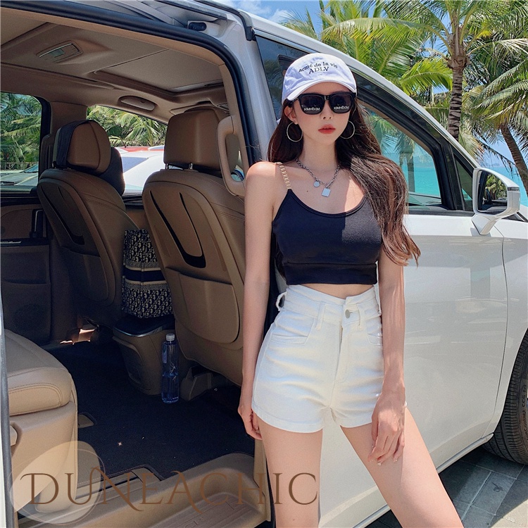 DUNEA Quần Short Denim Lưng Cao Ống Rộng Kiểu Dáng Quyến Rũ Cho Nữ