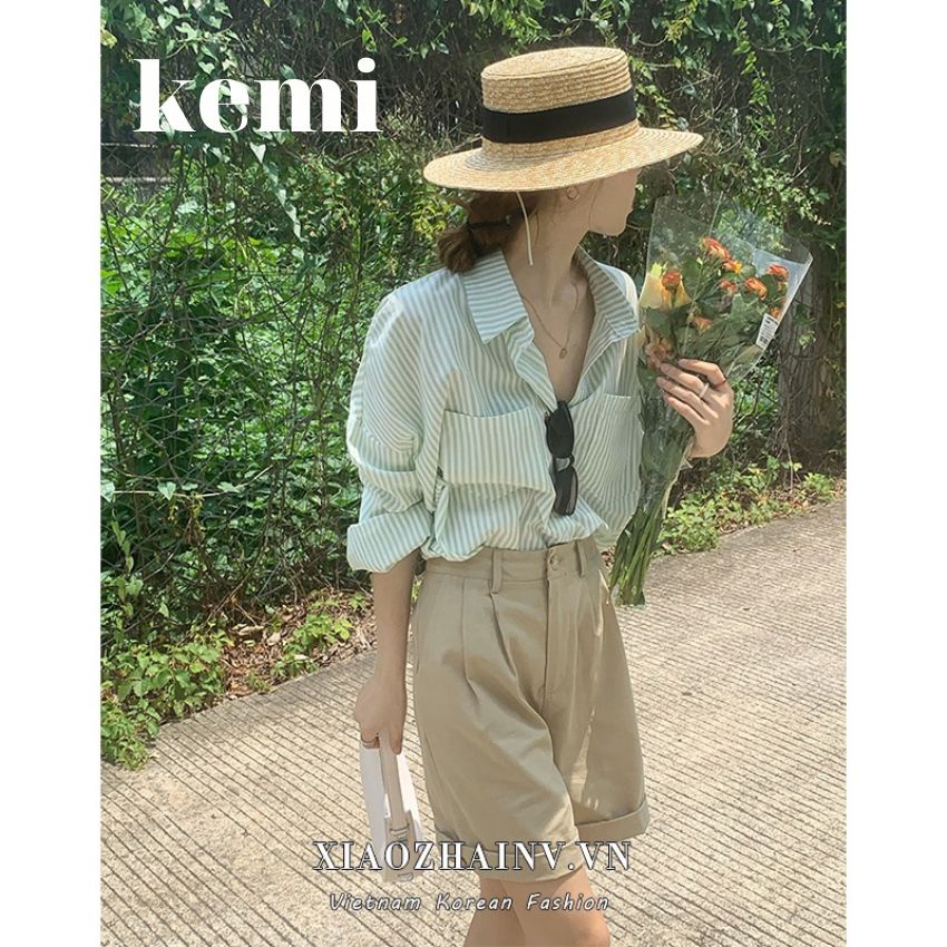 Áo sơ mi nữ tay dài họa tiết kẻ sọc thiết kế phong cách Retro Hàn Quốc trẻ trung dành cho nữ – kemi