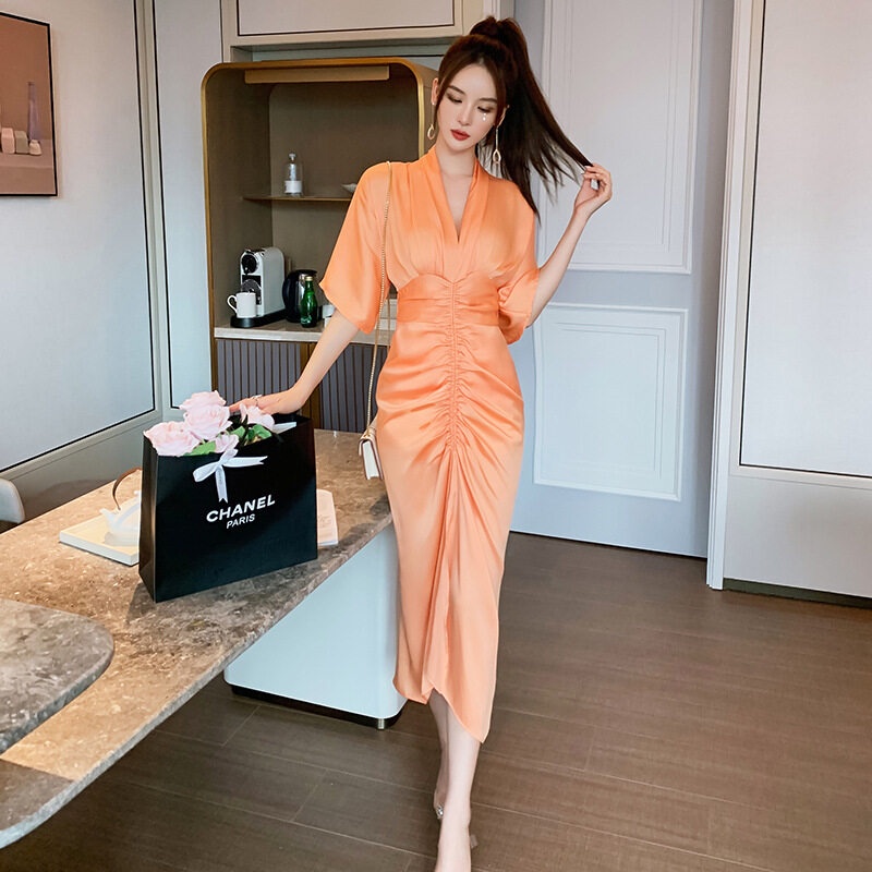 ZYHT Đầm Maxi Cổ Chữ V Chất Satin Màu Cam Thời Trang Phong Cách Hàn Quốc Cho Nữ 5112