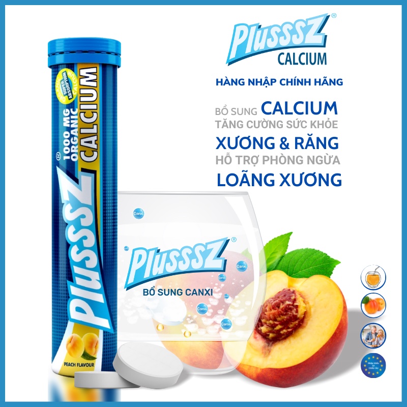 Viên sủi bổ sung canxi Plusssz Calcium vị Đào, chanh leo không đường, bổ sung Calci dạng hòa tan dễ hấp thu tuýp 20 viên