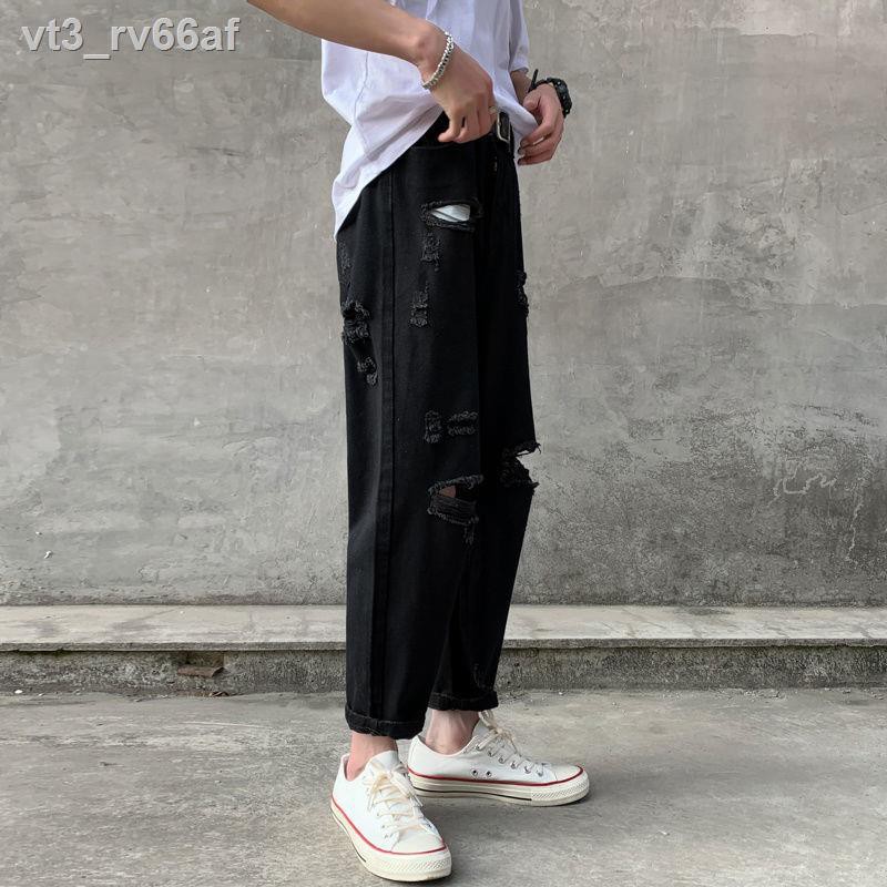 Quần jean rách cec phong cách Hồng Kông dành cho nam giới mùa hè mỏng hợp thời trang thương hiệu ống rộng cắt thẳn