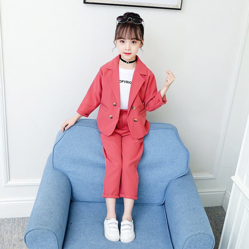 Set trang phục hai món IQ ANGEL áo khoác blazer và quần dài phong cách Hàn Quốc thời trang mùa thu mới dành cho bé gái