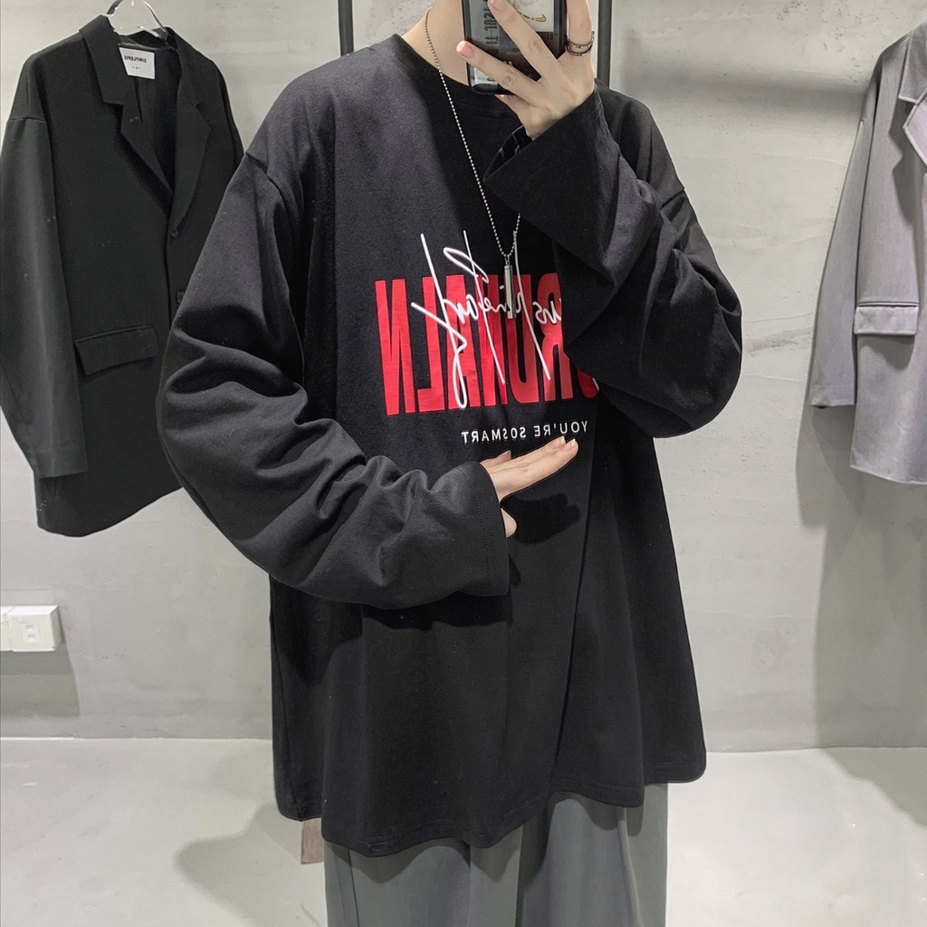 Áo Thun Dài Tay In Chữ Phong Cách Hàn Quốc Năng Động Dành Cho Nam / Size M-5Xl