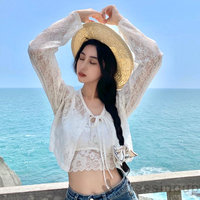 Áo Sơ Mi Tay Dài Màu Trơn Phối Ren Chống Nắng Thời Trang Mùa Hè Cho Nữ