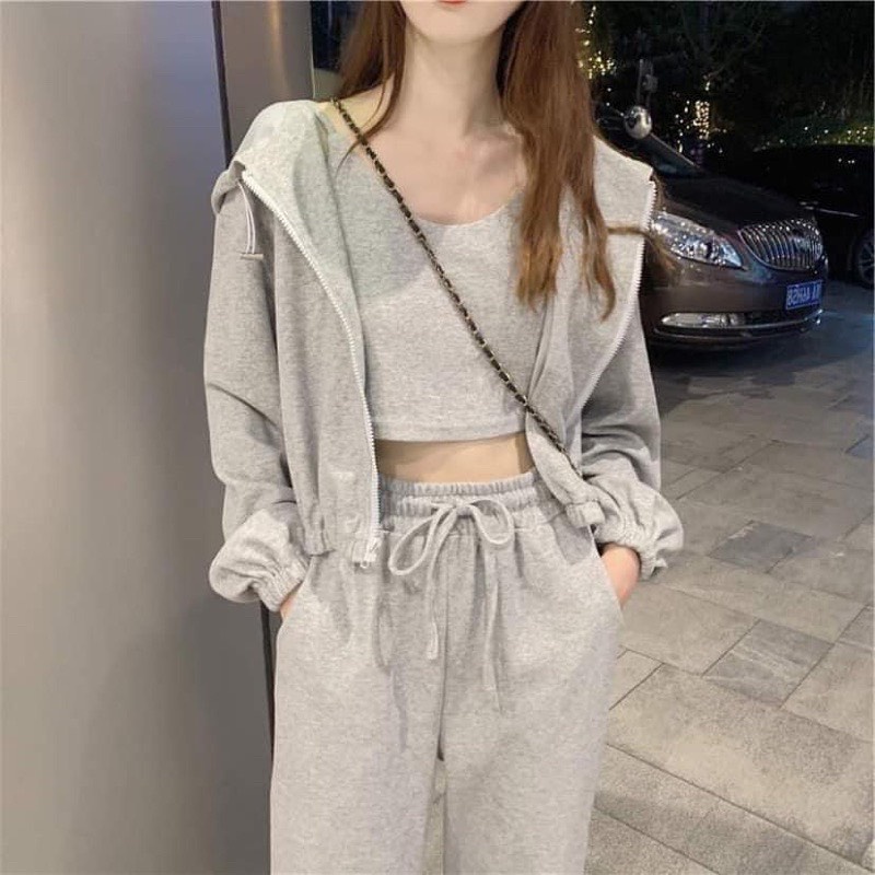 Set bộ nỉ thu đông kéo khóa 3 món UNISEX,sét Áo hoodie zip quần jogger form rộng màu xám đen phong cách ulzzang hàn quốc
